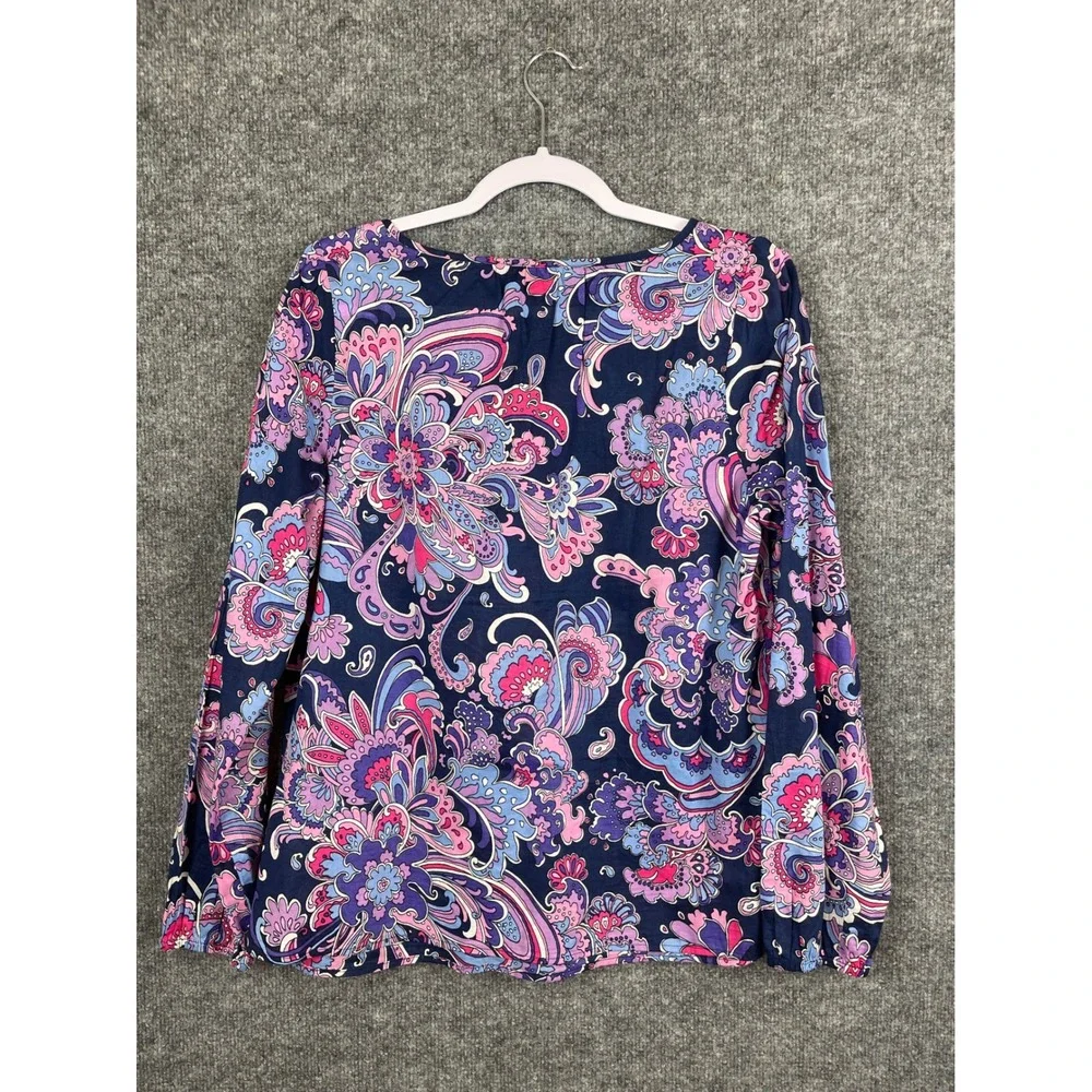 Talbots Blouse Women Medium Navy Pink Excellent Paisley Cotton Tie Neck Top - Picture 4 of 8